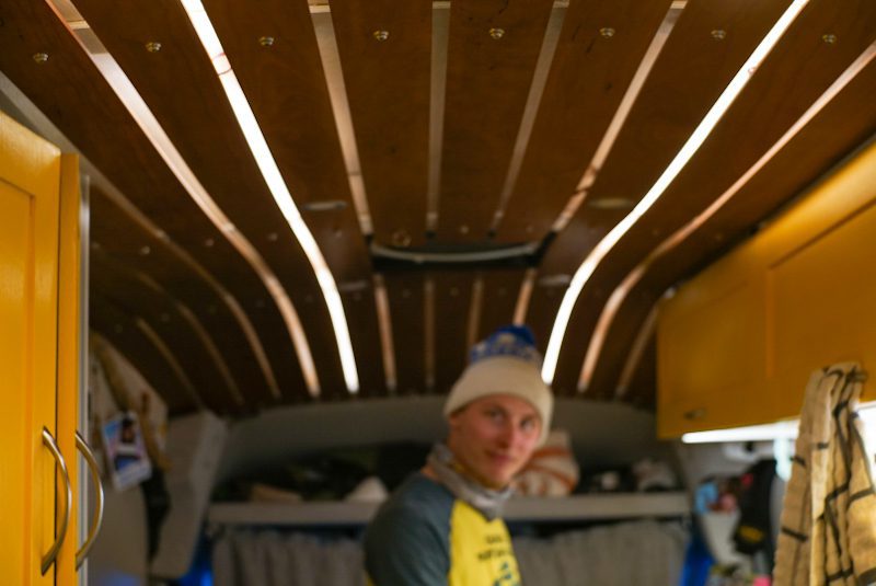 DIY Ford Transit Camper Van Conversion - Lighting Options. Shown here is the strip lights behind ceiling planks.