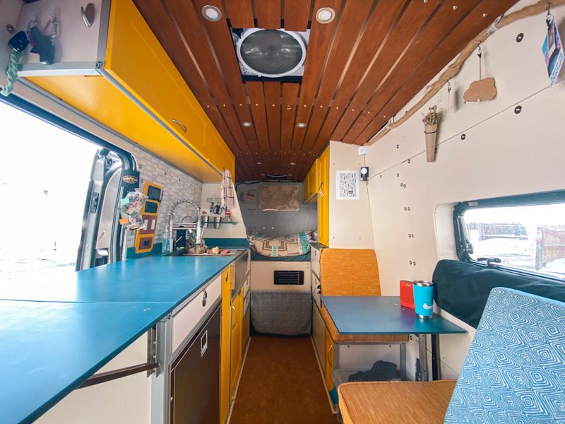 Interior View of the Layout in our Ford Transit DIY Camper Van Conversion