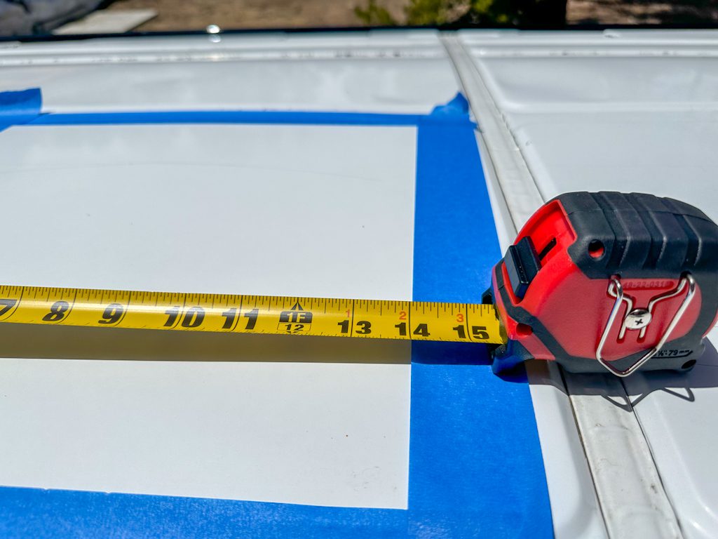 Step by Step Guide to Installing a Maxx Air fan on a DIY camper van: Tape a 14x14 square